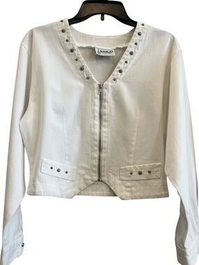 Vintage Banjo White Denim Stud-Trim Zip Front Crop Top/Jacket
